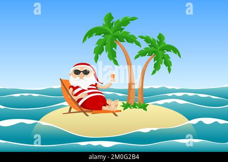 Santa resting on desert island in chaise longue and drinking juice. Vector illustration. Stock Vector