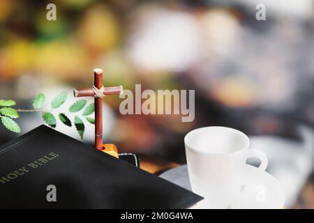 The cross of Jesus Christ, the holy bible, green leaves, sunlight, a teacup, and flowing autumn valley water Stock Photo