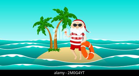 Santa Claus resting on desert island and drinking juice. Vector illustration. Stock Vector