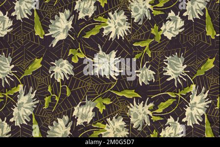 Used unusual vintage wallpaper with flowers and spider web Stock Photo