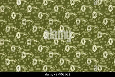 Used antique floral green wallpaper with flowers and waves Stock Photo