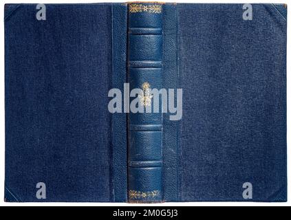 Antique open book cover - scratched blue surface with leather spin, isolated on white Stock Photo