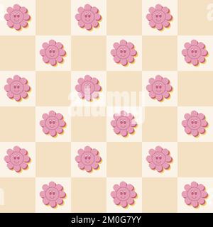 Abstract groovy cute flowers seamless pattern on checkered background in retro hippie style. Vector illustration Stock Vector