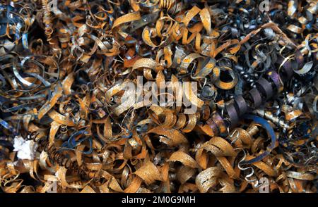 Rusty steel shavings close-up, industrial waste Stock Photo