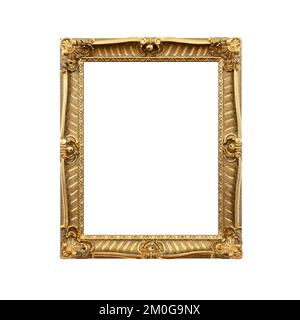 Gilded blank wooden frame isolated on white background, frontal template photo Stock Photo