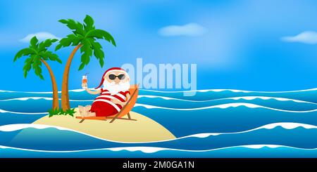 Santa resting on desert island in deck chair and drinking juice. Vector illustration. Stock Vector