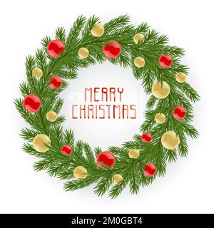 Christmas wreath with red and golden balls. Vector illustration. Stock Vector