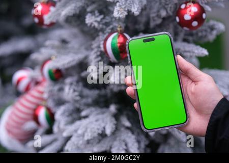 close up hand holding green screen mobile phone beside Christmas tree Stock Photo