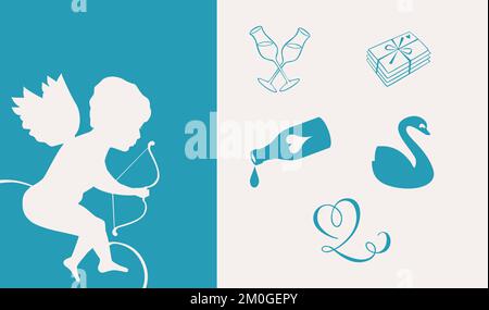 A set of Valentine's related icons on blue and white background Stock Vector