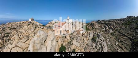 Drone view at the lighthouse of Capo Testa near Santa Teresa di Gallura on Sardinia in Italy Stock Photo