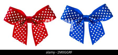 red and blue ribbon bow with dots isolated on white background Stock Photo