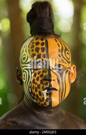 Mexico, Yucatan, Xcaret is an archaeological park located in Riviera Maya. Portrait of Ek Balam (the Jaguar, A Sacred Animal to Mayans) Stock Photo