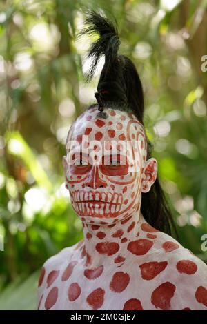 Mexico, Yucatan, Xcaret is an archaeological park located in Riviera Maya. Portrait of Ah Puch/Kisin (Death Stock Photo