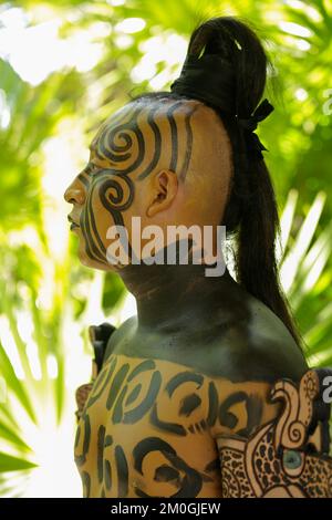 Mexico, Yucatan, Xcaret is an archaeological park located in Riviera Maya. Portrait of Ek Balam (the Jaguar, A Sacred Animal to Mayans) Stock Photo