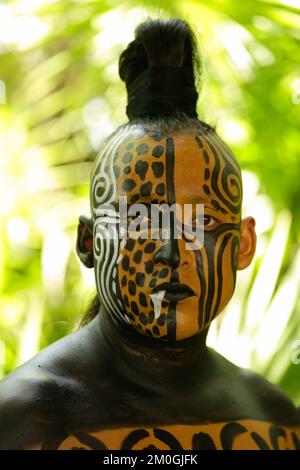 Mexico, Yucatan, Xcaret is an archaeological park located in Riviera Maya. Portrait of Ek Balam (the Jaguar, A Sacred Animal to Mayans) Stock Photo