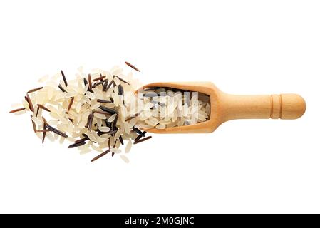 Food ingredients: mix of uncooked white and wild rice in a wooden scoop, isolated on white background Stock Photo