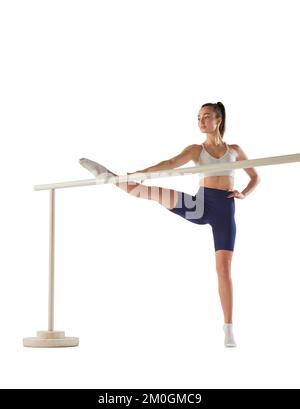 Young woman doing ballet stretching warm-up exercise, isolated on white  Stock Photo - Alamy