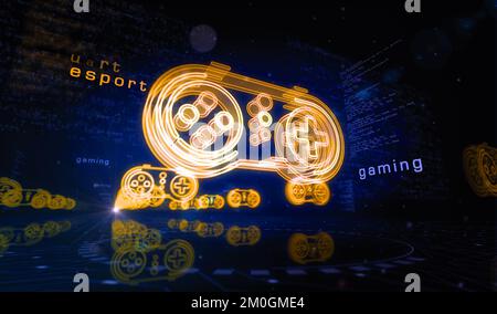 Esport retro video game pad and digital sport gaming symbol digital concept. cyber technology and computer background abstract 3d illustration. Stock Photo
