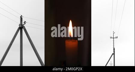 Blackout, power grid overloaded. Blackout concept. Earth hour. Burning flame candle and power lines on background. Energy crisis. Banner design. Stock Photo