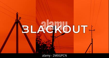 Blackout, power grid overloaded. Blackout concept. Earth hour. Burning flame candle and power lines on background. Energy crisis. Orange banner design Stock Photo