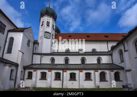 St. Lambert's Monastery Church seen from the monastery courtyard, Seeon Monastery, Seeon, Chiemgau, Bavaria, Germany, Europe Stock Photo