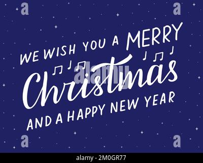 We wish you a Merry Christmas and a Happy New Year. Handwritten Lettering, modern brush calligraphy. Blue and white diagonal text for greeting card, p Stock Vector