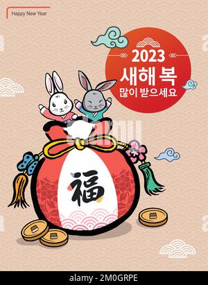 Korean New Year. Rabbits and lucky bags to welcome the new year. 2023, Happy New Year, Korean translation. Stock Vector