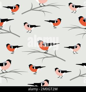 Seamless pattern with bullfinches sitting on branches. Stock Vector