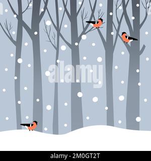 Snowy forest with three birds sitting on branches. Stock Vector