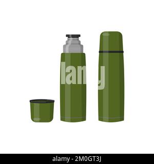 Thermos bottle vector illustration. Thermos flask open and closed. Stock Vector