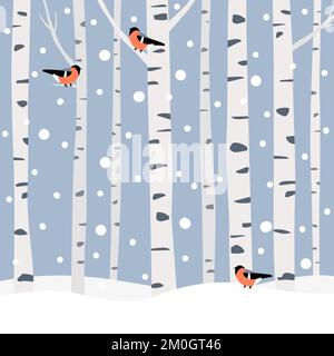 Snowy birch forest with birds sitting on branches. Three bull finches in winter scene. Stock Vector
