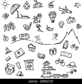 Travel freehand drawn icon set collection Stock Vector