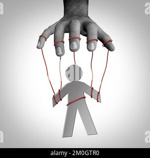 Manipulator concept and puppet master symbol as a person on strings as an icon controlled by someone that manipulates and is gaslighting Stock Photo