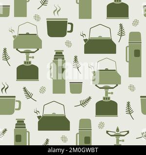 Seamless pattern with camping gas stove and coffee kettle, thermos bottles, outdoor coffee break. Stock Vector