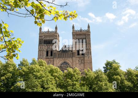 Durham Cathedral (Facade), Durham, Co Durham, Tyne and Wear, UK. Durham Cathedral is a Norman Cathedral, constructed between 1093 and 1133 in the Roma Stock Photo