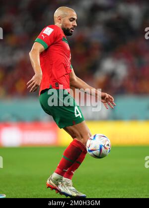 Sofyan Amrabat of Morocco during the FIFA World Cup Qatar 2022 match, Round of 16, between Morocco v Spain played at Education City Stadium on Dec 6, 2022 in Doha, Qatar. (Photo by Bagu Blanco / Pressinphoto/Sipa USA) Stock Photo
