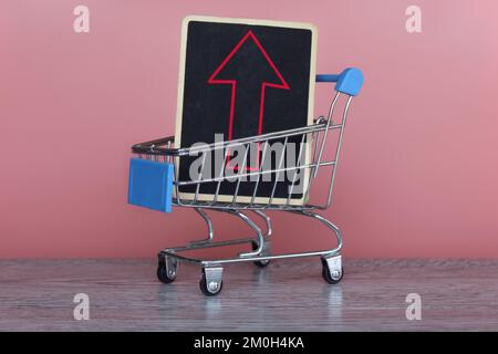 Shopping trolley with red upward arrow. Inflation, rising cost of living, overprice and expensive concept Stock Photo