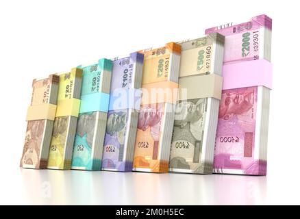 Indian Rupee Currency Note Bundles isolated on White Background - 3D Illustration Render Stock Photo