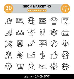 Seo And Marketing icon set. Editable stroke. Pixel perfect. icon set contains such icons as researching, flowchart, magnifying glass, megaphone... Stock Vector