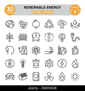 Renewable Energy icon set. Editable stroke. Pixel perfect. icon set contains such icons as carbon emissions, recycling, green energy, solar energy... Stock Vector