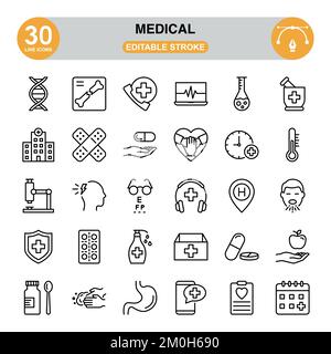 Medical icon set. Editable stroke. Pixel perfect. icon set contains such icons as DNA, broken bone, hospital, plaster, medicine chest, hand washing... Stock Vector