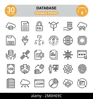 Database icon set. Editable stroke. Pixel perfect. icon set contains such icons as data, big data, flowchart, padlock, augmented reality, floppy disk Stock Vector