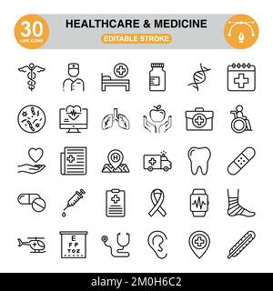 Healthcare And Medicine icon set. Editable stroke. Pixel perfect. icon set contains such icons as caduceus, hospital bed, medicine chest Stock Vector