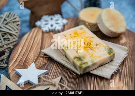 Hand made natural soap with decoration as a gift for Christmas Stock Photo