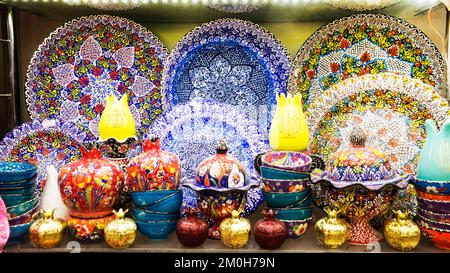 Baku Azerbaijan 25 may 2018 Oriental Arabic Turkish traditional multi colored ceramic dishes jugs plates Stock Photo Alamy
