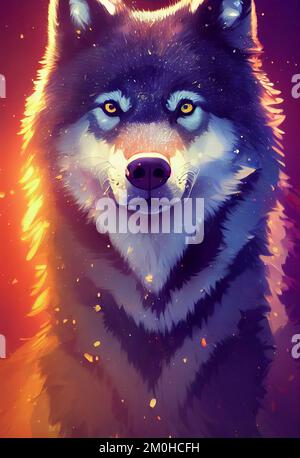 Mystical portrait headshot of cartoon grey wolf. North American land animal standing facing front. Looking towards camera. Mystery light art illustration. Vertical artistic poster. Stock Photo