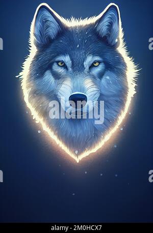 Mystical portrait headshot of cartoon grey wolf. North American land animal standing facing front. Looking towards camera. Mystery light art illustration. Vertical artistic poster. Stock Photo