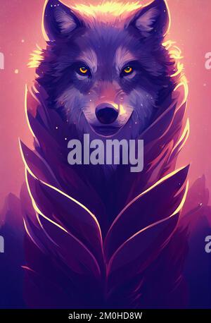 Mystical portrait headshot of cartoon grey wolf. North American land animal standing facing front. Looking towards camera. Mystery light art illustration. Vertical artistic poster. Stock Photo