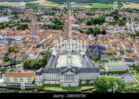 France, Meuse, Commercy, Commercy castle, one of the favorite residences of Duke Stanislas Leszczynski, Saint-Pantaleon church in neo-Gothic style (aerial view) Stock Photo