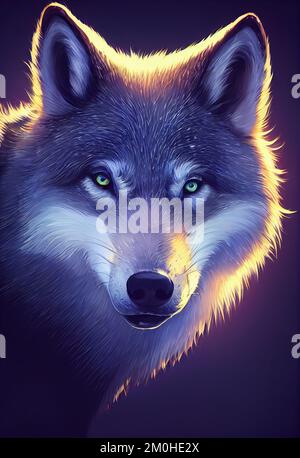 Mystical portrait headshot of cartoon grey wolf. North American land animal standing facing front. Looking towards camera. Mystery light art illustration. Vertical artistic poster. Stock Photo